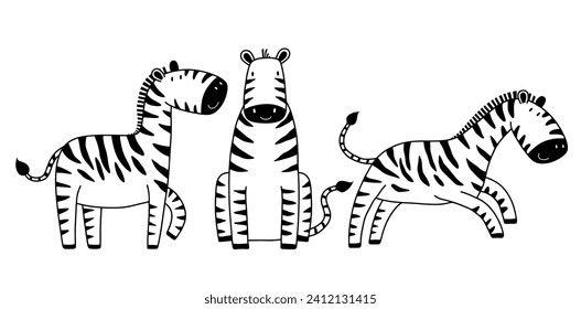 Cute zebra line sketch set. Outline vector illustration.