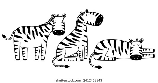 Cute zebra line sketch set. Outline vector illustration.