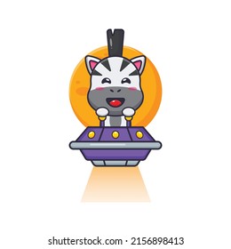 cute zebra mascot cartoon character fly with ufo