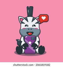 Cute zebra with mobile phone cartoon illustration