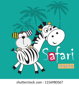 cute zebra and monkey cartoon vector illustration, safari wildlife adventures