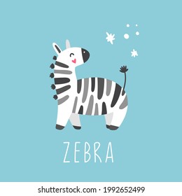 Cute zebra on a blue background, hand-drawn illustration for children, cartoon style.