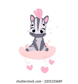Cute zebra on cloud. Vector print for children room, fabric, paper, greeting card, postcard, card, t shirt, poster, textile. Vector illustration