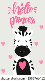 cute Zebra on a gray background with pink hearts and the inscription Hello Princess