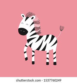 Cute zebra on a pink background, hand-drawn illustration for children, scandinavian style.