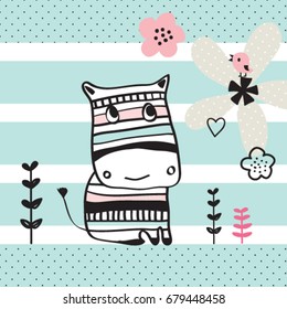 cute zebra on striped background with flowers and bird, cute zebra cartoon vector illustration