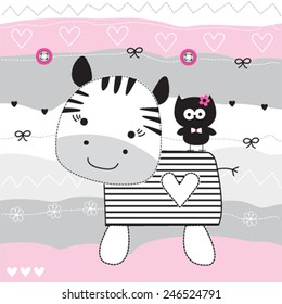 cute zebra with owl vector illustration