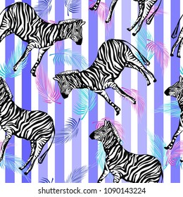 Cute zebra and palm leaves on blue striped pattern, seamless vector illustration