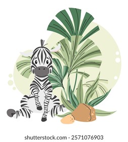 Cute zebra with palm leaves on white background. Vector illustration of african animal for children's card, sticker, print, etc.