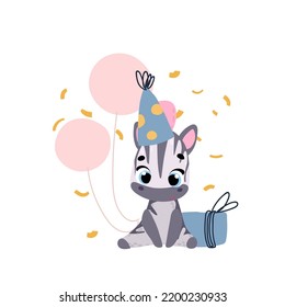 Cebra dulce en una gorra de fiesta con regalo. Impresión vectorial para habitación infantil, tela, papel, tarjeta de felicitación, postal, tarjeta, camiseta, afiche, textil. Ilustración vectorial. Feliz cumpleaños. 