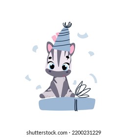 Cute zebra in a party cap with gift. Vector print for children room, fabric, paper, greeting card, postcard, card, t shirt, poster, textile. Vector illustration. Happy birthday card. 