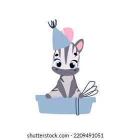 Cute zebra in a party cap with gift. Vector print for children room, fabric, paper, greeting card, postcard, card, t shirt, poster, textile. Vector illustration. Happy birthday card. 