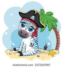 Cute zebra pirate in a tricorn hat with an eye patch. Pirates and treasures, islands and palm tree