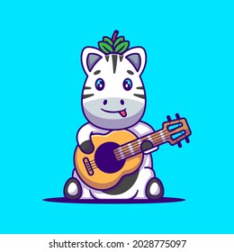 Cute Zebra playing Guitar Cartoon Illustration. Animal Flat cartoon Style Concept