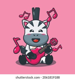 Cute zebra playing guitar cartoon illustration