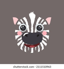 Cute zebra portrait square smile head cartoon round shape animal avatar face, isolated mascot vector icon illustration. Flat simple hand drawn for kids poster, app ui cards, t-shirts, baby clothes