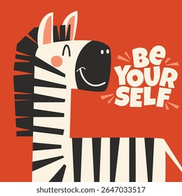 Cute zebra poster with text be yourself vector illustration for textile, print, wall art or kids room decoration, tee print, cover, mug and other media.