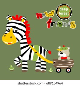 Cute zebra pulling little bear on cart, vector cartoon illustration