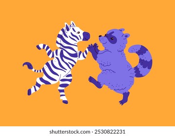 Cute zebra and raccoon dancing together, hold on with their paws. Cartoon funny animals have fun on disco party. Music entertainment. Vector flat happy mammal character illustration isolated on orange