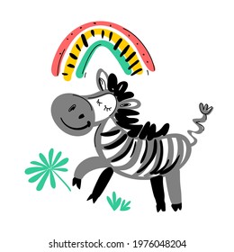 Cute zebra with rainbow. Cartoon zebra for nursery. Vector illustration