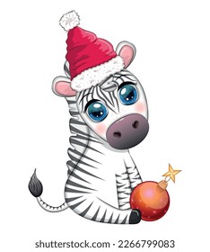 Cute zebra in red santa hat with christmas ball, candy kane, gift. Wildlife holidays cartoon character.