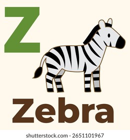 Cute zebra representing the letter Z from the animal alphabet set. Ideal for educational materials, flashcards, nursery prints, and children's books.