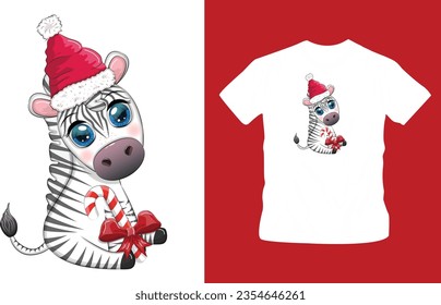 cute zebra in santa hat with christmas ball candy kane gift wildlife holidays cartoon character vector illustration t-shirt design editable template 