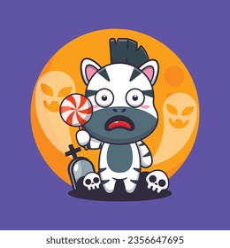 Cute zebra scared by ghost in halloween day. Cute halloween cartoon illustration. 