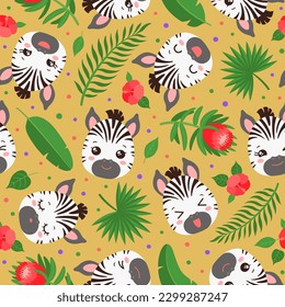 Cute zebra seamless pattern. Kawaii zebra face chibi style. Cartoon safari animal head. Palm leaves. Tropical flowers. Summer repeat design for children fashion print, textile fabric, paper, etc.