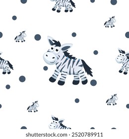 Cute zebra seamless pattern, with small gray dots, white background
