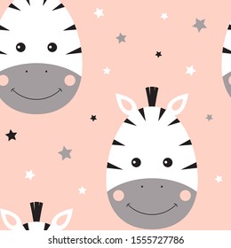 Cute zebra seamless pattern. Smiling zebra face on pink background with stars. Funny tropical animal. Design for kids clothes in pink, white, gray colors. Cartoon vector illustration