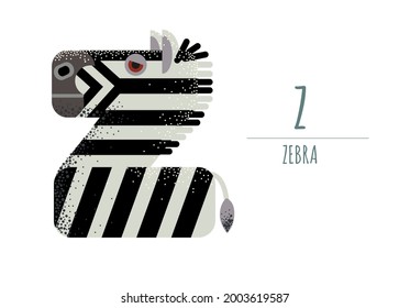 Cute zebra in the shape of a letter - Z.
children's alphabet. poster, postcard. 