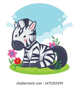 Cute zebra is sitting on a flower meadow. Vector illustration.