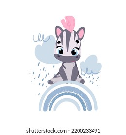 Cute zebra sitting on a rainbow. Vector print for children room, fabric, paper, greeting card, postcard, card, t shirt, poster, textile. Vector illustration