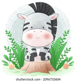 Cute Zebra sitting on tree stump with green plants