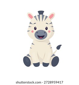 A cute zebra sitting and smiling. Children's illustration in a flat vector style. The character is suitable for zoos, safari, children's parties, birthdays, books, cards, and educational projects.