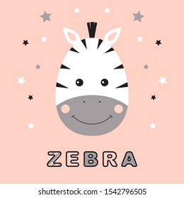 Cute zebra smiling face on pink background with stars. Funny tropical animal. Design for kids clothes in pink, white, gray colors. T shirt print. Inscription zebra. Cartoon vector illustration