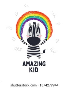 Cute zebra smiling and holding the rainbow. Text Amazing kid. Animal kingdom set. Super-kawaii and adorable. Cartoon character and lettering. Flat illustration for kid's poster, t-shirt and other art.