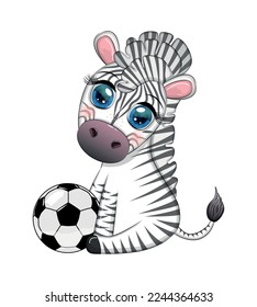 Cute zebra with a soccer ball. Cartoon character, summer sport. Cute football mascot in sports uniform
