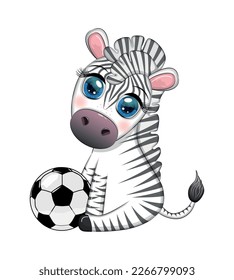 Cute zebra with a soccer ball. Cartoon character, summer sport. Cute football mascot in sports uniform