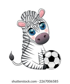 Cute zebra with a soccer ball. Cartoon character, summer sport. Cute football mascot in sports uniform