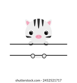 Cute zebra split monogram. Funny cartoon character for shirt, scrapbooking, greeting cards, baby shower, invitation. Bright colored childish stock vector illustration