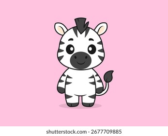 Cute Zebra Standing Front Pose – Flat Vector Cartoon Illustration of a Zebra Character.