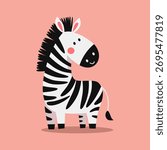 A cute zebra stands on a red background. Flat vector illustration in a simple children