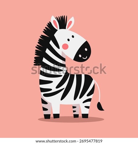 A cute zebra stands on a red background. Flat vector illustration in a simple children's style. 