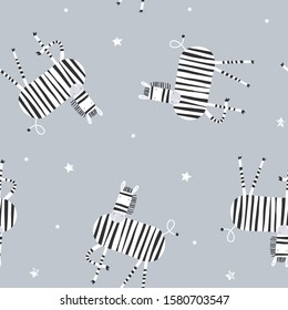 Cute zebra and stars seamless pattern. Vector hand drawn illustration. Grey background.