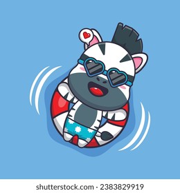 Cute zebra in sunglasses float with buoy. Cute summer cartoon illustration. Vector cartoon Illustration suitable for poster, brochure, web, mascot, sticker, logo and icon.