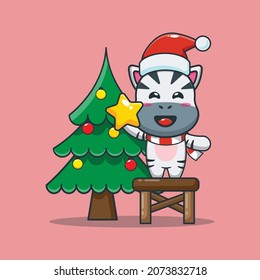 Cute zebra taking star from christmas tree. Cute christmas cartoon illustration.