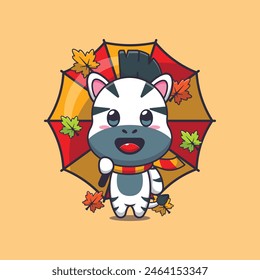 Cute zebra with umbrella at autumn season. Mascot cartoon vector illustration suitable for poster, brochure, web, mascot, sticker, logo and icon.