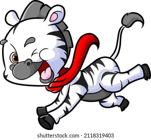The cute zebra is wearing a shawl and running very fast of illustration